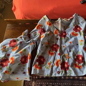 Boston Proper, Blue Striped, Red and Yellow Embroidered Flowers Size 10